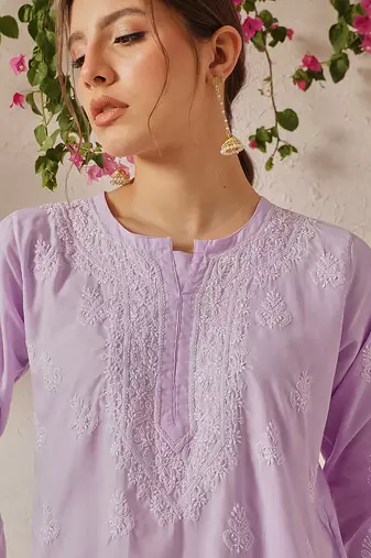 Hand embroidered lavender cotton lucknowi chikankari short kurti