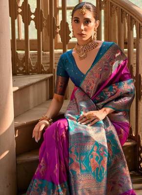 Purple Banarasi silk blend Contrast Copper Zari Weaving Saree  1