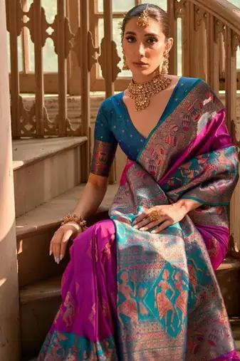 Purple Banarasi silk blend Contrast Copper Zari Weaving Saree 