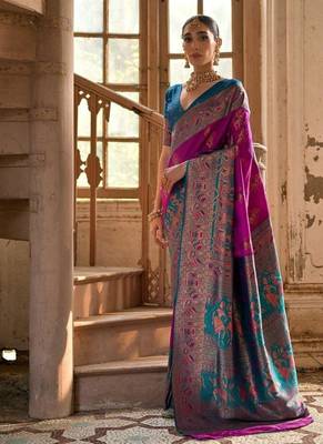 Purple Banarasi silk blend Contrast Copper Zari Weaving Saree  2