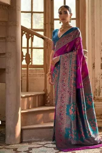 Purple Banarasi silk blend Contrast Copper Zari Weaving Saree 