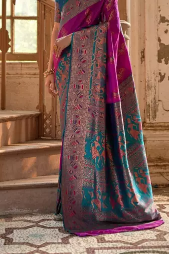 Purple Banarasi silk blend Contrast Copper Zari Weaving Saree 