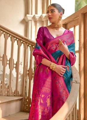 Teal Banarasi silk blend Contrast Copper Zari Weaving Saree  1