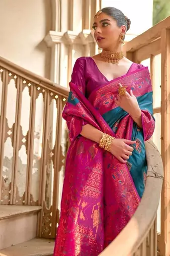 Teal Banarasi silk blend Contrast Copper Zari Weaving Saree 