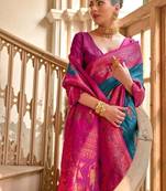 Teal Banarasi silk blend Contrast Copper Zari Weaving Saree 