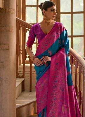 Teal Banarasi silk blend Contrast Copper Zari Weaving Saree  2