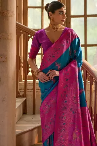 Teal Banarasi silk blend Contrast Copper Zari Weaving Saree 