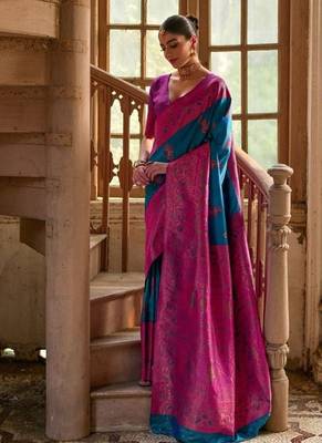 Teal Banarasi silk blend Contrast Copper Zari Weaving Saree  3
