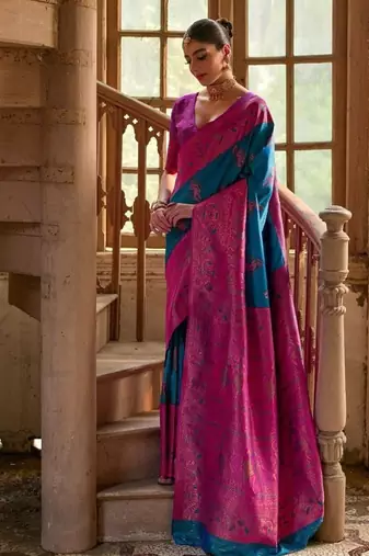 Teal Banarasi silk blend Contrast Copper Zari Weaving Saree 