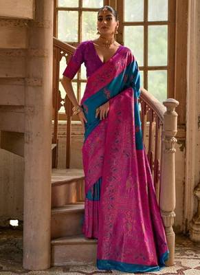 Teal Banarasi silk blend Contrast Copper Zari Weaving Saree  4