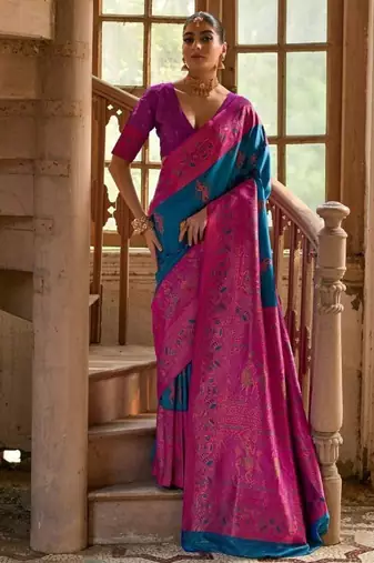 Teal Banarasi silk blend Contrast Copper Zari Weaving Saree 