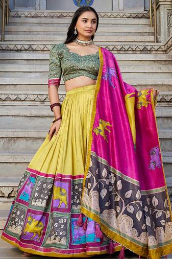 Alluring Mustard Yellow Tussar Silk Kalamkari Print Lehenga Choli