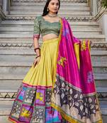 Mustard Yellow Tussar Silk Kalamkari Print Lehenga Choli
