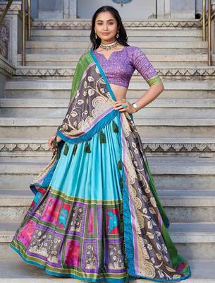 sea green kalamkari printed tussar silk lehenga set choli with dupatta 1