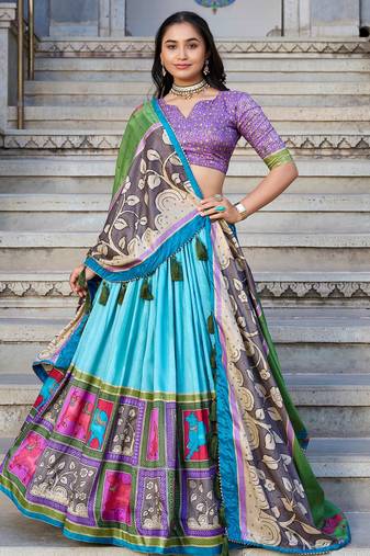 Sea Green Kalamkari Printed Tussar Silk Lehenga Choli