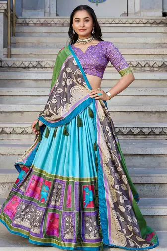 Sea Green Kalamkari Printed Tussar Silk Lehenga Choli