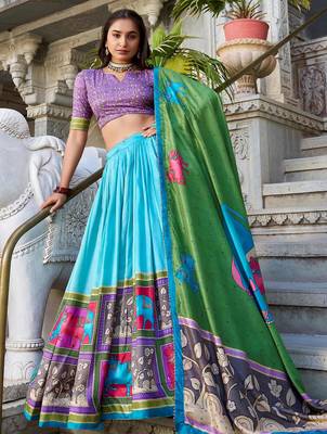 sea green kalamkari printed tussar silk lehenga set choli with dupatta 2