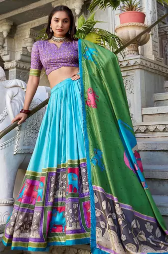 sea green kalamkari printed tussar silk lehenga set choli with dupatta