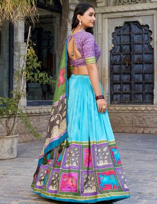 sea green kalamkari printed tussar silk lehenga set choli with dupatta 3