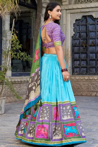 sea green kalamkari printed tussar silk lehenga set choli with dupatta