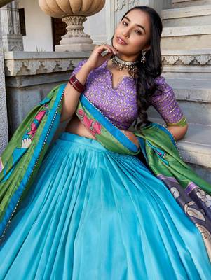sea green kalamkari printed tussar silk lehenga set choli with dupatta 4