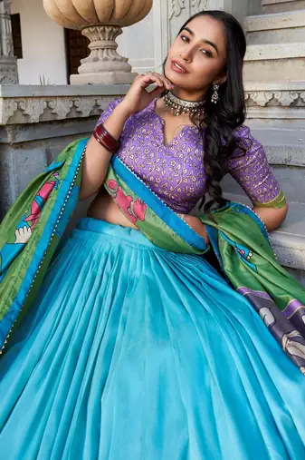 sea green kalamkari printed tussar silk lehenga set choli with dupatta