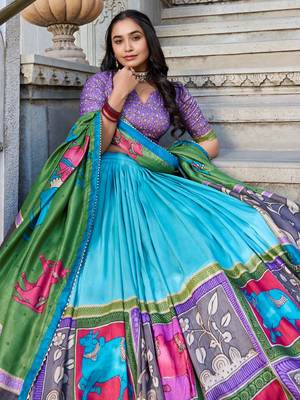 sea green kalamkari printed tussar silk lehenga set choli with dupatta 5