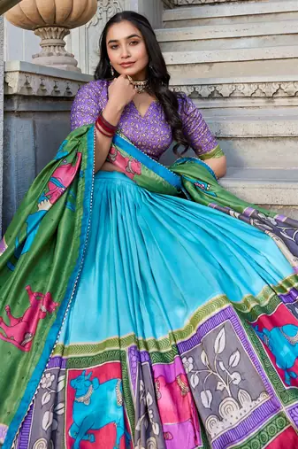 sea green kalamkari printed tussar silk lehenga set choli with dupatta