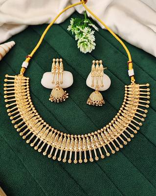 Gold plated necklace set with jhumka earrings for women     traditional ethnic jewelry for festivals & cultural events 5
