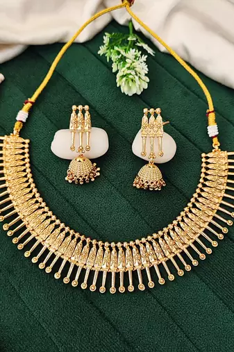 Gold plated necklace set with jhumka earrings for women     traditional ethnic jewelry for festivals & cultural events