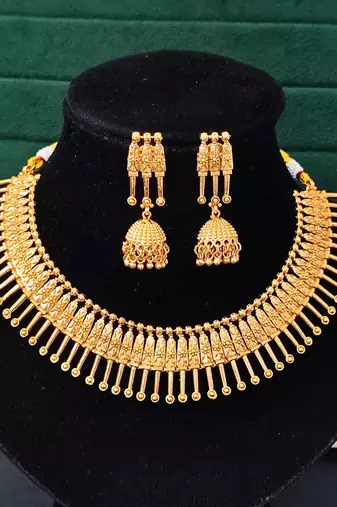 Gold plated necklace set with jhumka earrings for women     traditional ethnic jewelry for festivals & cultural events