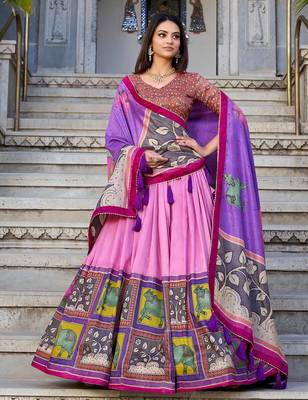 pink tussar silk foil work lehenga set choli with dupatta with dupatta 1