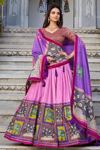 Pink Tussar Silk Foil Work Lehenga Choli With Dupatta