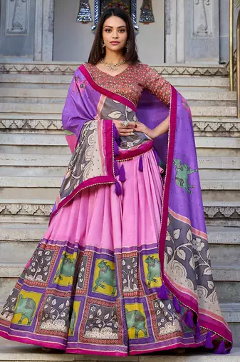 pink tussar silk foil work lehenga set choli with dupatta with dupatta