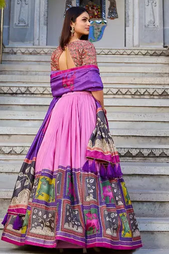 pink tussar silk foil work lehenga set choli with dupatta with dupatta