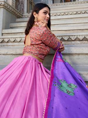 pink tussar silk foil work lehenga set choli with dupatta with dupatta 4