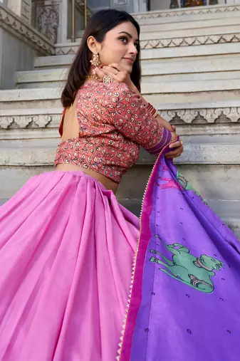 pink tussar silk foil work lehenga set choli with dupatta with dupatta