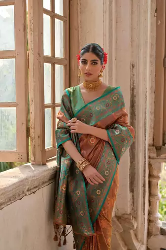 Brown Banarasi silk blend Contrast Zari Weaving Saree 