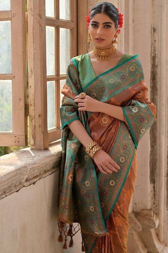 Brown Banarasi silk blend Contrast Zari Weaving Saree 