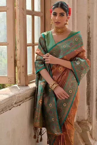 Brown Banarasi silk blend Contrast Zari Weaving Saree 