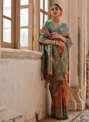 Brown Banarasi silk blend Contrast Zari Weaving Saree  3