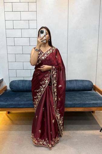 Maroon Embroidered Fancy Fabric Saree With Blouse Set
