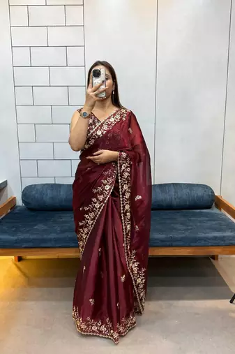 Maroon Embroidered Fancy Fabric Saree With Blouse Set