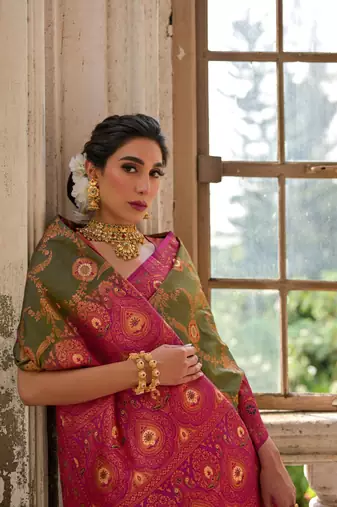 Dark Olive Banarasi silk blend Contrast Zari Weaving Saree 