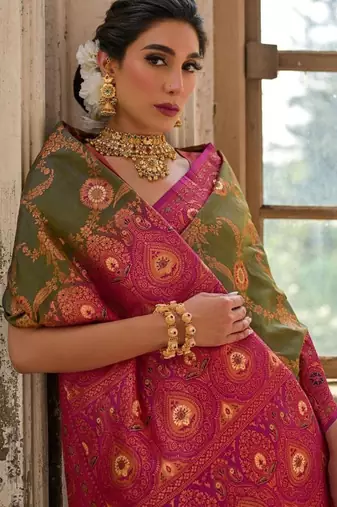 Dark Olive Banarasi silk blend Contrast Zari Weaving Saree 