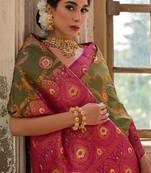 Dark Olive Banarasi silk blend Contrast Zari Weaving Saree 