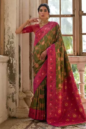 Dark Olive Banarasi silk blend Contrast Zari Weaving Saree 
