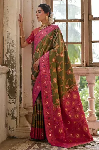 Dark Olive Banarasi silk blend Contrast Zari Weaving Saree 