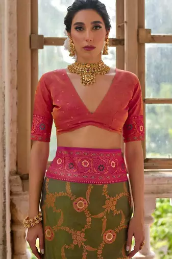 Dark Olive Banarasi silk blend Contrast Zari Weaving Saree 