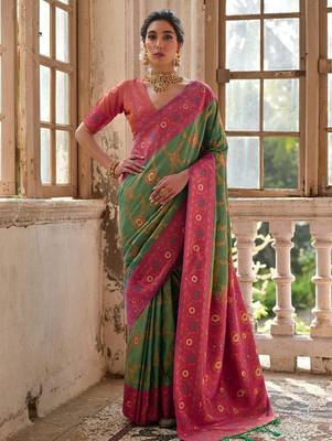 Green Banarasi silk blend Contrast Zari Weaving Saree  2
